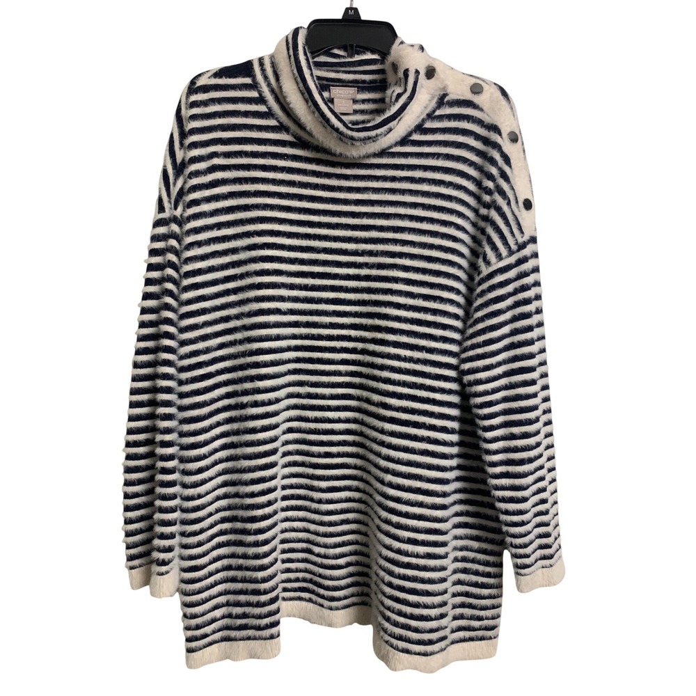 Chicos Zenergy Nautical Striped‎  Knit Turtleneck Sweater Snap  Shoulder